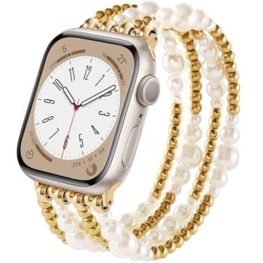 Imagem de VISOOM Pulseira feminina de contas compatível com Apple Watch de 38/40/41/42 mm - Apple iWatch séries 10, 9, 8, 7, SE, 6, 5, 4, 3, 2, 1, elegante, moderna, elástica, para IWatch 10 de 46 mm off-white