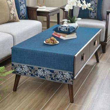 Imagem de Toalhas de mesa de café retangulares para sala de estar bordadas, toalha de mesa de café de linho de algodão com bolsos, tecido lavável para cozinha, decoração de casa de inauguração de casa, azul 61
