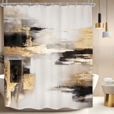 Imagem de LGhtyro Conjunto de cortina de chuveiro de ouro preto abstrato 152 cm L x 180 cm A pintura a óleo cinza bege moderno ombré dourado minimalista acessórios de banho simples arte de luxo decoração de