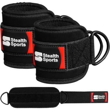 Imagem de Stealth Sports Tiras de tornozelo para acessórios de máquina de cabo, 7 mm, neoprene, academia, acolchoadas, homens e mulheres, 10 x 25 cm, anéis duplos em D – cachos de treino de perna, abdutor de