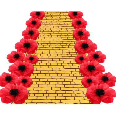 Imagem de Panelee Corredor de piso de estrada de tijolos amarelos 20 x 78 polegadas, decoração de flores de papoula vermelha, fotografia de fundo de parede de pedra de tijolo grande para decoração de festa de