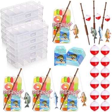 Imagem de Hiboom Conjunto de 48 peças de lembrancinhas de festa Gone Fishing, 12 mini caixas de doces e 12 palhetas de cupcake de peixe, 12 boias brancas vermelhas e 12 cartões de agradecimento com corda de