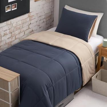 Imagem de The Sheet Lab Conjunto de edredom reversível de 2 peças, solteiro/solteiro GG – azul marinho/caramelo – conjunto de cama elegante