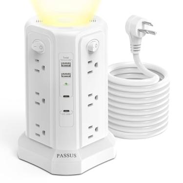 Imagem de Régua de alimentação longa com protetor contra sobretensão de 4,9 m PD20W USB C Torre com luz noturna, cabo de extensão multisaída com 4 portas USB, estação de régua de energia