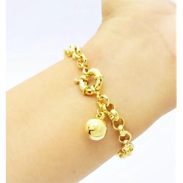 Imagem de Pulseira De Elos Portugueses 8mm Pingente Bola Banho De Ouro 18k 3736B