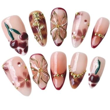 Imagem de Unhas postiças feitas à mão, amêndoa média, elegante, 3D, cereja e dourado, com detalhes florais | Base rosa nude com pontas de vinho, unhas postiças acrílicas reutilizáveis (cereja de vinho, M)