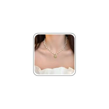 Imagem de Xduargs Colar Boho de corrente de pérola, gargantilha de ouro, medalhão, moeda, vintage, disco, moeda, gargantilha, colar, gargantilha redonda com contas de pérolas para mulheres