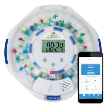 Imagem de Dispensador de comprimidos Bluetooth EziMedPil com alerta de som, luz e aplicativo, até 9 alarmes/dia, fácil configuração no SmartLife, tampa fosca e dispensador de medicamentos bloqueado por 28 dias