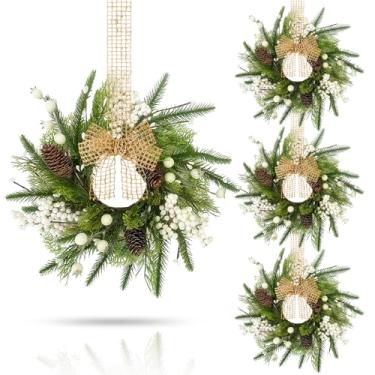 Imagem de 4 guirlandas de inverno pequenas para porta da frente, mini guirlandas de inverno de 23 cm para armários de cozinha, guirlanda artificial de pinheiro norfolk com frutas brancas e pinhas para decoração