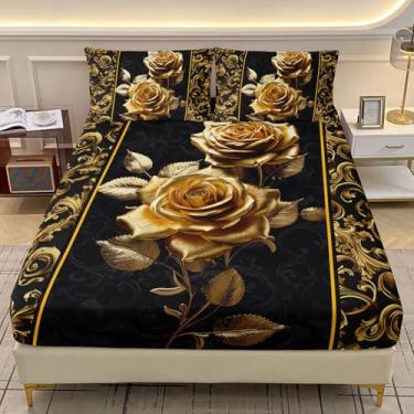 Imagem de AILONEN Jogo de lençol casal rosa dourada, flor preta e dourada para crianças, adolescentes e adultos, 1 lençol com elástico + 2 fronhas, 3 peças