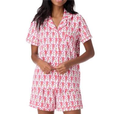 Imagem de Conjunto de pijamas femininos Zelbuck Button Down Monkey Bunny Pink