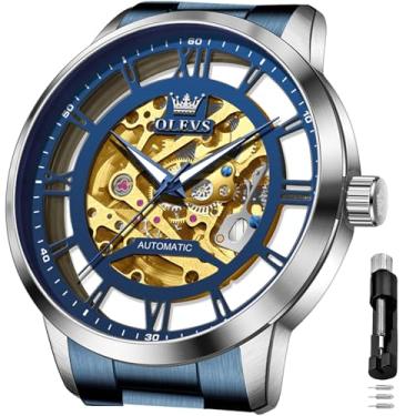 Imagem de OLEVS Relógios automáticos masculinos 43 mm esqueleto mostrador grande 3 ponteiros relógio de aço inoxidável vestido de luxo mecânico à prova d'água luminoso Wirst relógio presente, Azul, Relógio