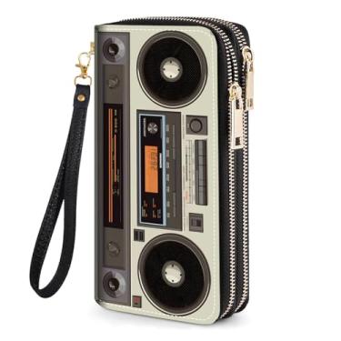 Imagem de JDHJFBFJNP Carteira feminina de grande capacidade de couro PU com zíper bolsa clutch para dinheiro/cartão/moeda/smartphone, Rádio retrô, Two Zipper Wallet