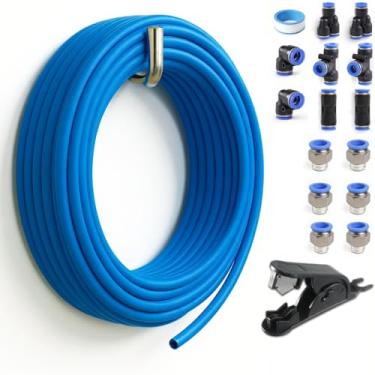 Imagem de Sctihwelire Kit de tubulação de ar PU 1/10.2 cm OD x 1/15.2 cm ID - Mangueira flexível azul de 12 m com encaixes de pressão para conectar, cortador de tubo - kit de linha de ar pneumático para