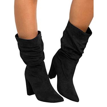 Imagem de Syktkmx Botas femininas de inverno despojadas salto alto cano médio camurça sem cadarço bloco grosso bico fino, Preto, 40
