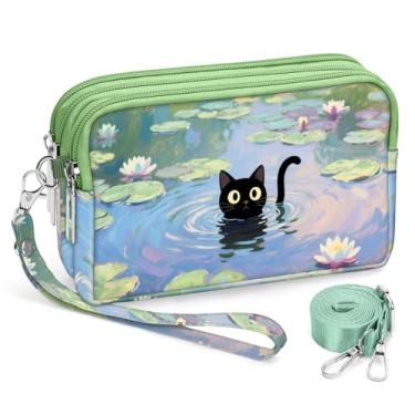 Imagem de BIAOTIE Bolsas de pulso para mulheres, bolsas transversais pequenas de nylon com alça ajustável 3 zíperes carteira de pulso organizador de telefone, Gato verde
