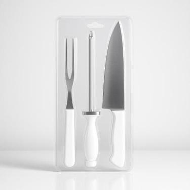 Imagem de Kit Churrasco 3 Peças Aço Inox Cabo Branco com Faca Chaira e Garfo Tri