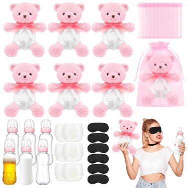 Imagem de Yearntown Pacote com 36 garrafas de chá de bebê rosa para meninas urso vendado, kits de troca de fraldas, garrafas de plástico, fraldas descartáveis, máscaras de olhos vendadas, urso, chá de bebê
