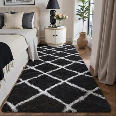 Imagem de PureCozy Tapete xadrez 6 x 15 preto e branco moderno macio tapete antiderrapante para quarto, sala de estar, sala de jogos, decoração estética de casa