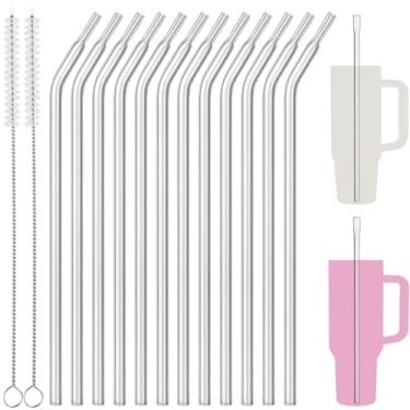 Imagem de NiHome 12 canudos de plástico transparentes de ponta plana de 21,6 cm com 2 escovas de limpeza, canudos reutilizáveis para cuidados com os lábios e uso de beleza, canudos ecológicos transparentes para