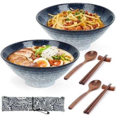 Imagem de YIK TUNG Conjunto de 2 tigelas de ramen de cerâmica, tigelas de sopa de macarrão japonês com pauzinhos e colheres para Pho, Udon, Ramen, macarrão asiático, salada e cereal, pode ser lavado na