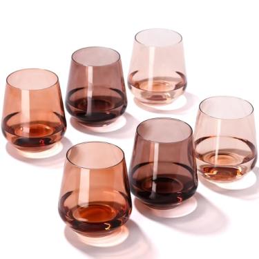 Imagem de Conjunto de 6 taças de vinho sem haste da Venus - Copos de bebida sem haste âmbar 500 ml, vidro marrom sem haste para bebidas e vinho - Conjunto exclusivo de copos para uso em casa e bar