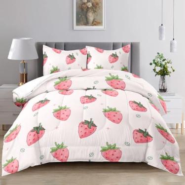 Imagem de Raphus cucullatus Conjunto de edredom fofo de morango rosa, solteiro, de morango, kawaii, rosa, para decoração de quarto, edredom fofo para meninas adolescentes