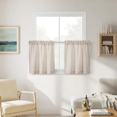 Imagem de Cortinas curtas de 61 cm para casa de fazenda, café, cozinha, banheiro, trailer, janelas, semitransparentes, filtragem de luz, cortinas de linho, bolso para varão, 2 painéis, café claro, bege