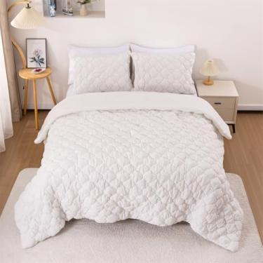 Imagem de NTBED Conjunto de edredom com pregas de apertar para meninas e crianças, macio, chique, princesa, losango, com fronhas combinando (branco, casal)