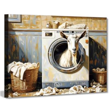 Imagem de Arte de parede em tela de lavanderia de fazenda, cabra na máquina de lavar roupa, impressão de pintura vintage, engraçada, ovelha, decoração para lavanderia, limpeza a seco, decoração de banheiro