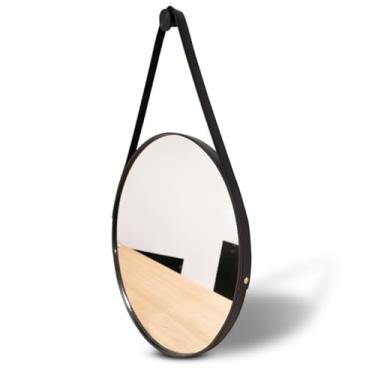 Imagem de Espelho Redondo de Parede com Alça de Couro - Decorativo para Sala, Quarto e Banheiro - Design Artesanal - Inclui Kit Montagem (60cm - Preto)