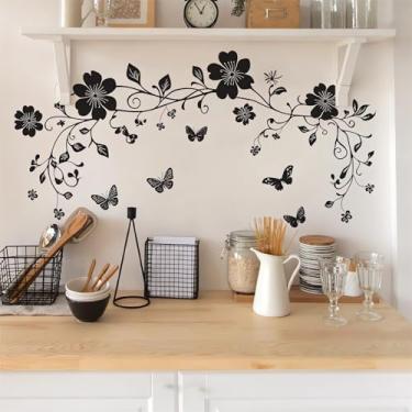 Imagem de sacinora Adesivos de parede de borboleta de videira de flor preta, decalques de parede de arte floral simplicidade removível de vinil descascar e colar quarto banheiro cozinha sofá TV fundo decorações