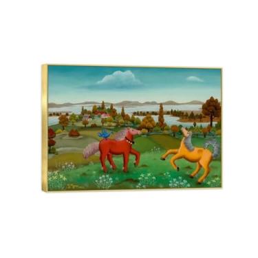 Imagem de BMZFYBS Arte de parede em tela reprodução de pintura famosa - imagens de moldura dourada para sala de estar - cavalos brincando - pôster e impressões de decoração 50 x 70 cm 20 x 27 pol