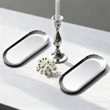 Imagem de Pacote com 2 bandejas decorativas prateadas, bandejas ovais de aço inoxidável, bandeja decorativa para joias e cosméticos, organizador de cosméticos, bandeja de servir desordem de banheiro (prata, 18