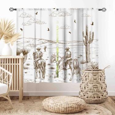 Imagem de Cortinas ocidentais para sala de estar, vintage rústico vaqueiros do oeste selvagem montando a cavalo no deserto, cortinas de janela de campo desenhadas à mão, tratamentos para quarto, cozinha
