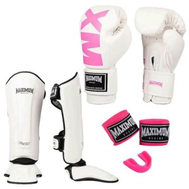 Imagem de Kit Luva de Boxe Feminina MXM Branco e Rosa + Caneleira Muay Thai Classic Branco + Bandagem 3m + Protetor Bucal - Maximum (LUVA 10oz + CANELEIRA G)