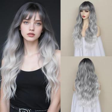Imagem de Peruca Angzon Long Wavy Grey Ombre 66 cm com franja sintética feminina