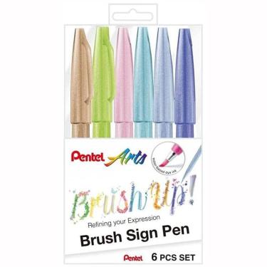 Imagem de Kit escrita Brush Sign Pen com 6 cores pastéis - Pentel