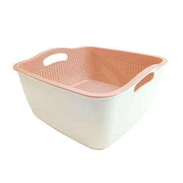 Imagem de Bacia de drenagem de escorredor de cozinha 2 em 1 tigela de filtro de cesta de plástico com alça (branco/rosa)