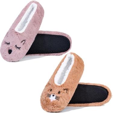 Imagem de GLENMEARL 2 pares de meias femininas com aderência, sola macia, antiderrapante, para o inverno, quente, casa, quarto, chinelos internos, Rosa + amarelo, 5-7