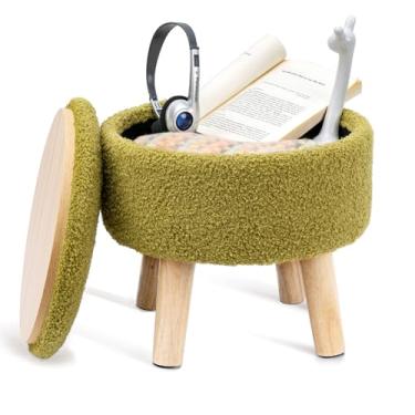 Imagem de Poofzy Otomano pequeno com armazenamento, banquinho pequeno com pernas de madeira, descanso de pés sherpa para sofá, sala de estar e quarto - verde-oliva