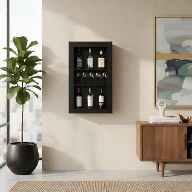 Imagem de Bar Adega Peq para Vinhos e Bebidas Cristaleira Suspenso de Parede para Sala Estar ou Jantar Preto