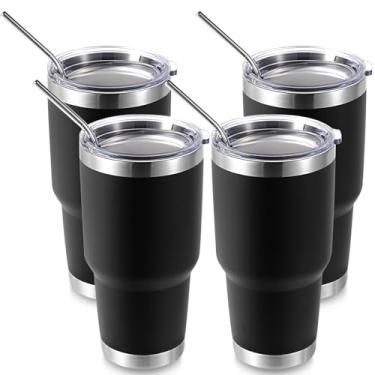 Imagem de Volhoply Caneca isolante de 900 ml com tampa e canudo pacote com 4, canecas de café de viagem de parede dupla para bebidas quentes/frias, cabe no porta-copos de carro, sem BPA (preto, 4