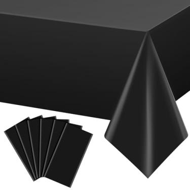 Imagem de YIDAKO 6 peças de toalha de mesa preta retangular, toalha de mesa de plástico descartável, capa de mesa preta à prova d'água para formatura, aniversários, casamentos, decorações de festa de