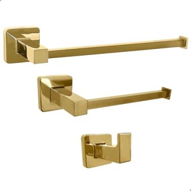 Imagem de Dona D Cor, Kit Acessórios Banheiro Dourado Metal Toalheiro e Papeleira