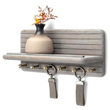 Imagem de Rebee Vision Suporte de parede de madeira de pinho para decoração de quarto estética – Porta-chaves de madeira para parede com 6 ganchos e prateleira flutuante - Detalhe de organização de casa de