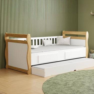 Imagem de Cama Infantil Bicama Maria 2 Gavetas 100% Mdf Branco Brilho/Amêndoa - Móveis Peroba