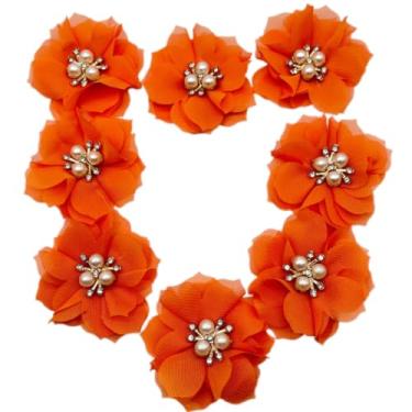 Imagem de Lmlliang Flores de tecido, 10 peças de flores de tecido de chiffon laranja com strass de costas planas para fazer tiaras de cabeça feitas à mão, apliques de costura para artesanato 60 mm