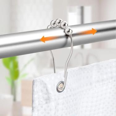 Imagem de Conjunto de ganchos de cortina de chuveiro de banheiro de 12 peças - Design de rolo de cinco bolas para deslizamento suave, acabamento cromado polido, ganchos de metal para varões e forros de cortina.
