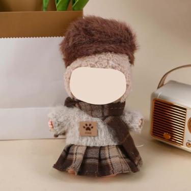 Imagem de Compatível com Labubu (sem boneca) - Conjunto marrom vintage preppy (chapéu peludo + cachecol xadrez + suéter com aplique de pata + saia xadrez), roupas de boneca de 15 cm/17 cm (xadrez marrom)